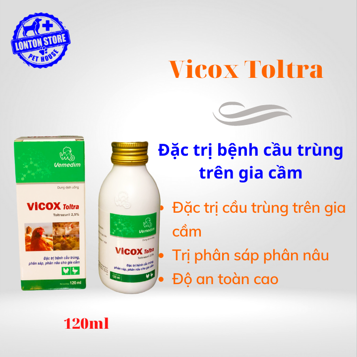 VEMEDIM Vicox Toltra - Phòng Và Diệt Cầu Trùng (Phân Sáp, Phân Nâu, Phân Máu) Gà Đá, Gà Vườn, Vịt Vicox Toltra 120ml - Lonton Shop
