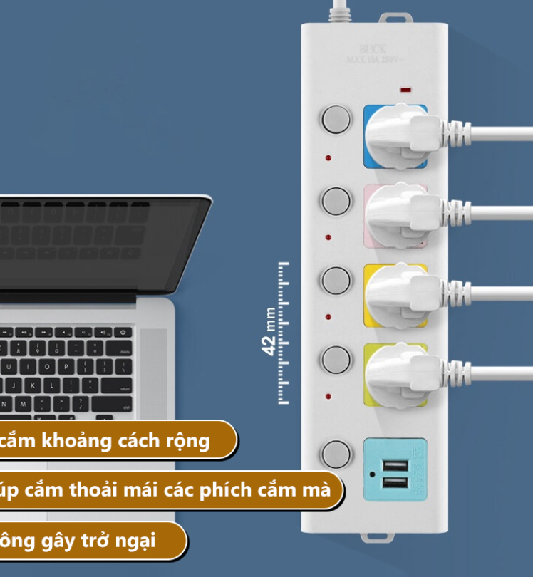 Ổ điện 4 ổ cắm 2 cổng usb dây dài 2m Con Voi