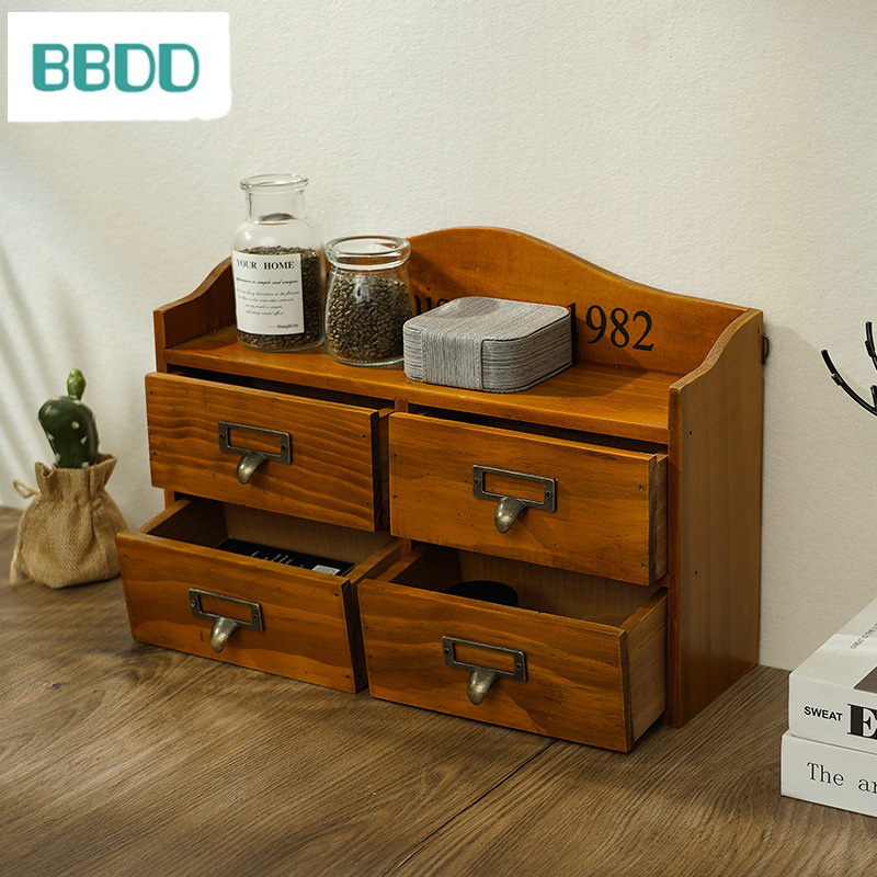 Solid wood Nordic style storage box Home entry storage rack Wholesale retro desktop storage box with drawer
