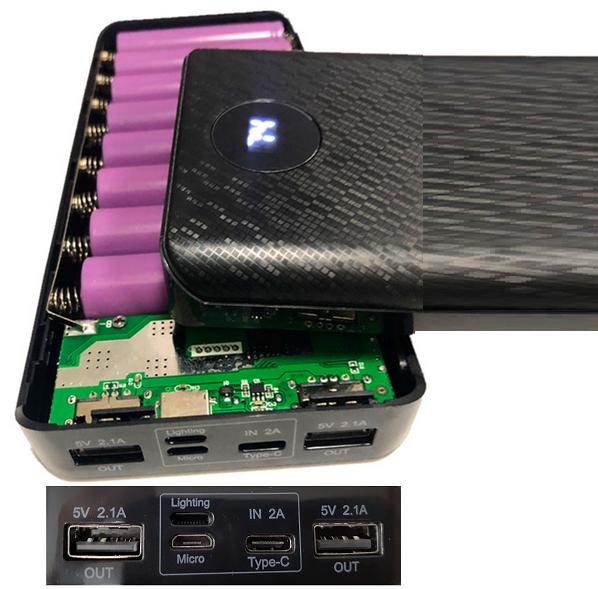 Box sạc dự phòng 8 khe pin dùng pin 18650 đủ chân cắm lightning, typec micro usb (Đen),Box sạc dự phòng 8 cell LCD, mạch sạc dự phòng, mạch sạc pin 18650, khung 8 pin sạc dự phòng