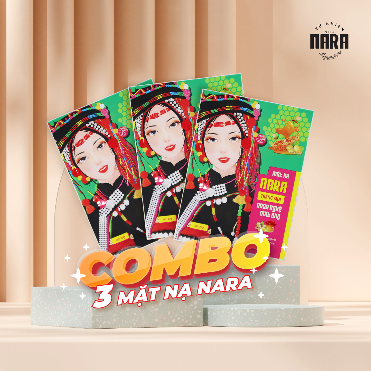 COMBO 3 miếng Mặt Nạ Lụa Dưỡng Trắng Cấp Ẩm Da NARA Nano Nghệ Mật Ong