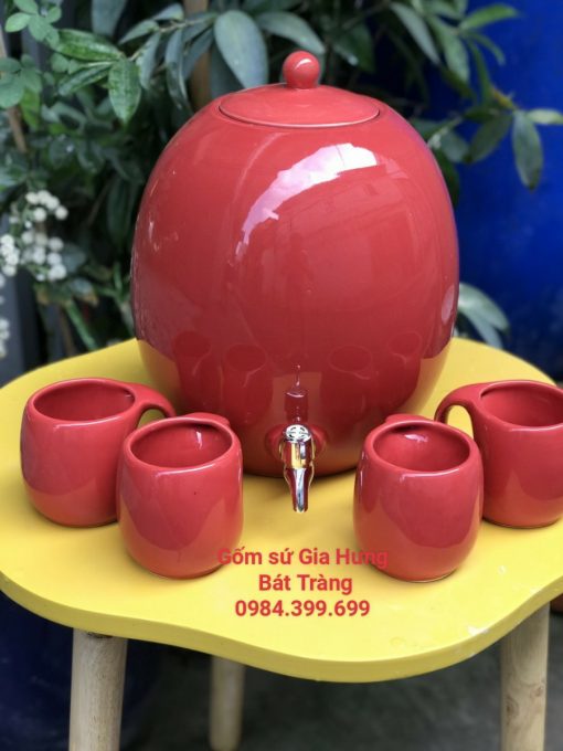Bình đựng nước gốm sứ Bát Tràng dáng tròn màu đỏ