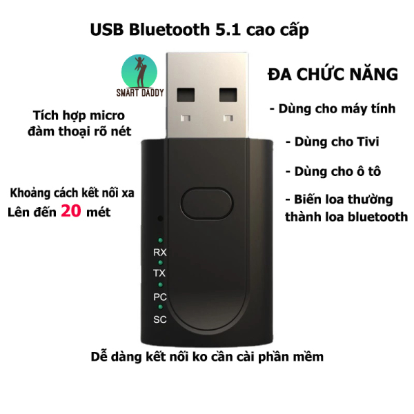 Usb bluetooth 5.1 loại cao cấp thu phát 4 chế độ kèm mic đàm thoại dùng cho máy tính, tivi, ô tô biến loa thường thành loa bluetooth