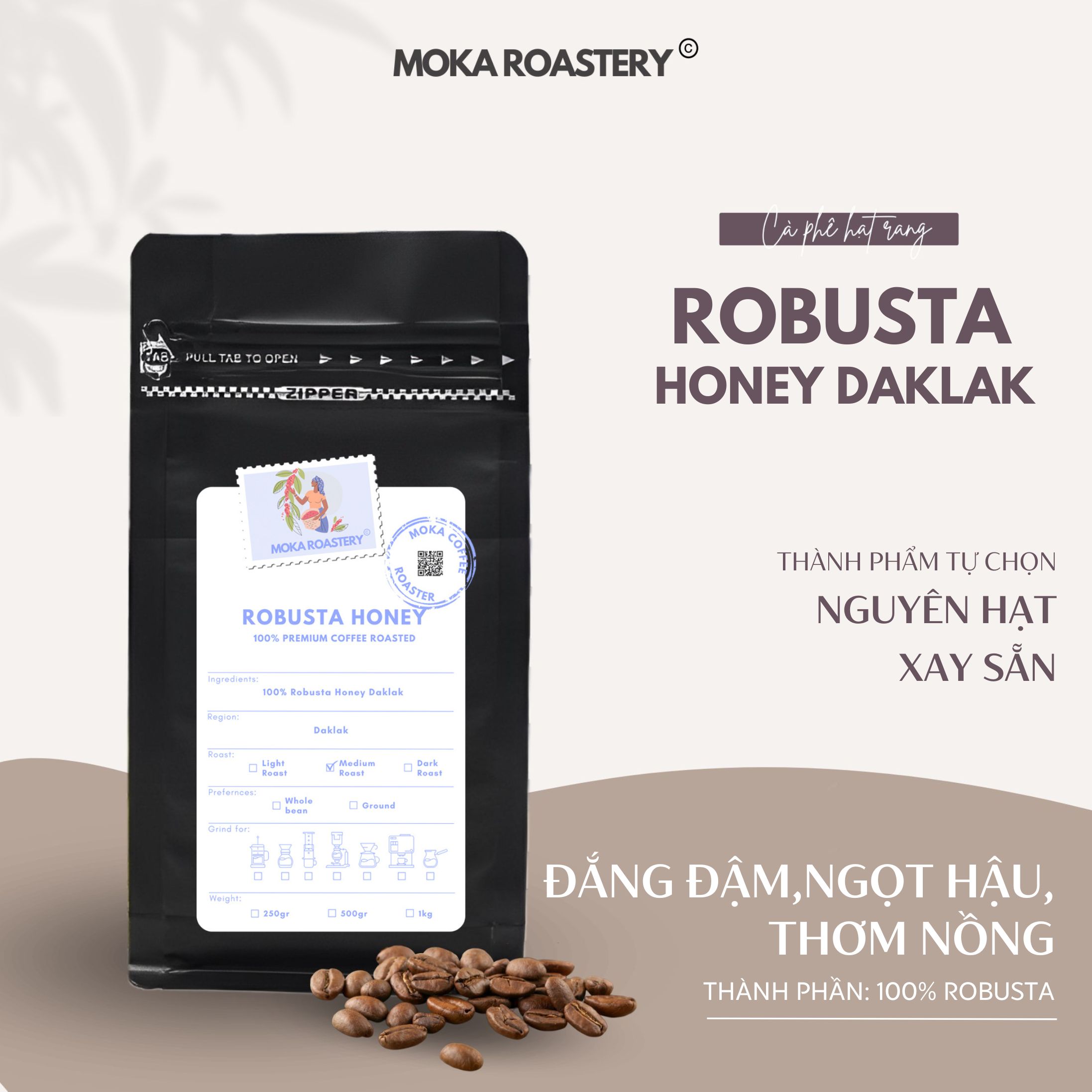 Cà Phê Pha Phin Robusta Honey Daklak Medium Roast Moka Cafe
