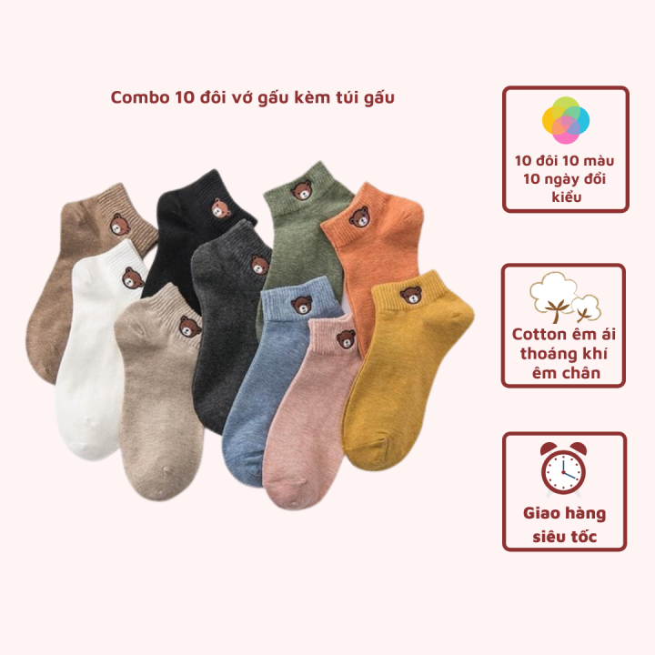 [HCM]Combo 10 đôi vớ nữ tất nữ in hình gấu brown có túi đựng