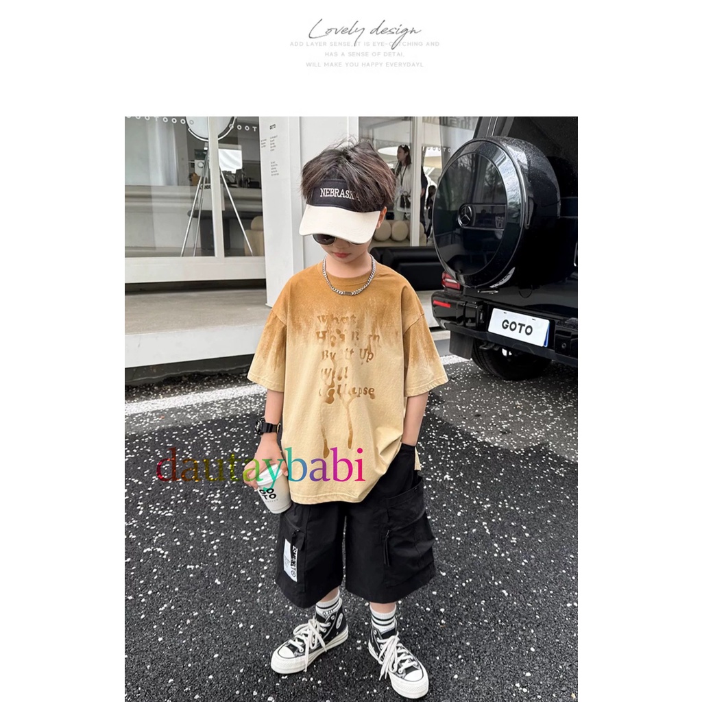 Sét bộ bé trai size đại cồ in loang chữ cá tính thun cotton cao cấp xịn mịn mùa hè năng động cho bé 25-53kg