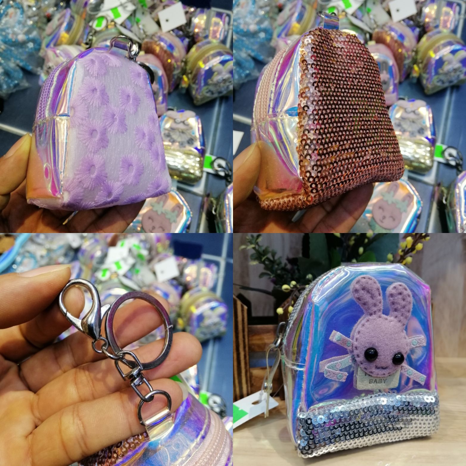 MÓC KHÓA BALÔ MINI. MÓC KHÓA BÓP HOLOGRAM GẮN NHIỀU HÌNH ĐÍNH KIM TUYẾN, THÊU HOA CÚC