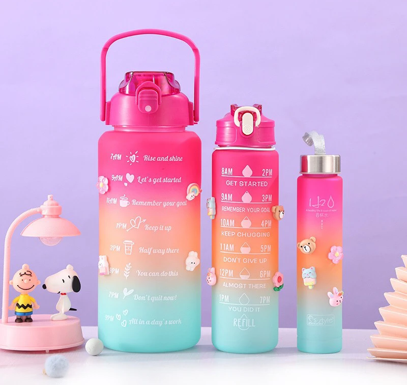 Set 3 bình nước chia vạch hẹn giờ nhiều màu sắc chứa siêu nhiều