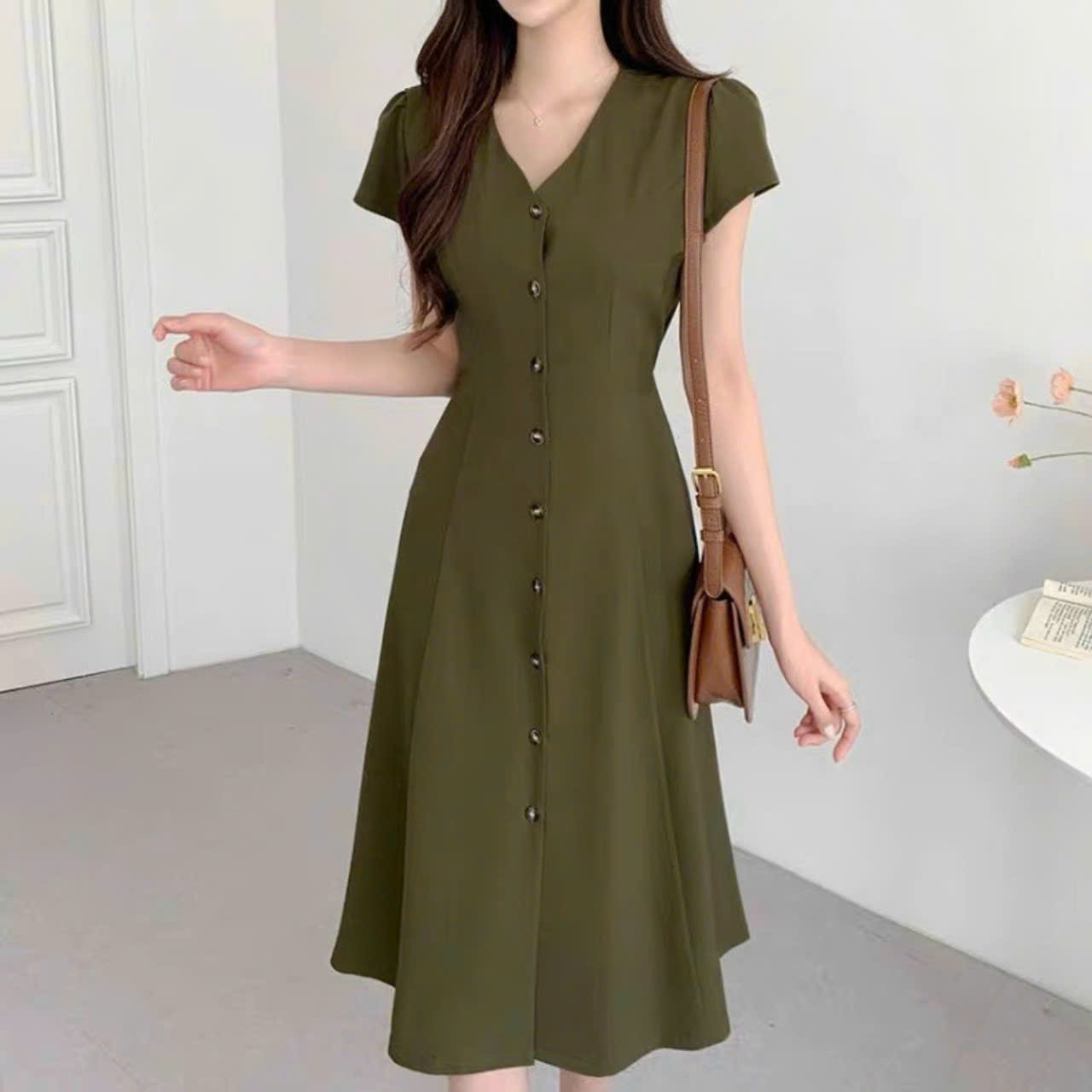 Đầm cổ V form dài thắt eo 2 màu