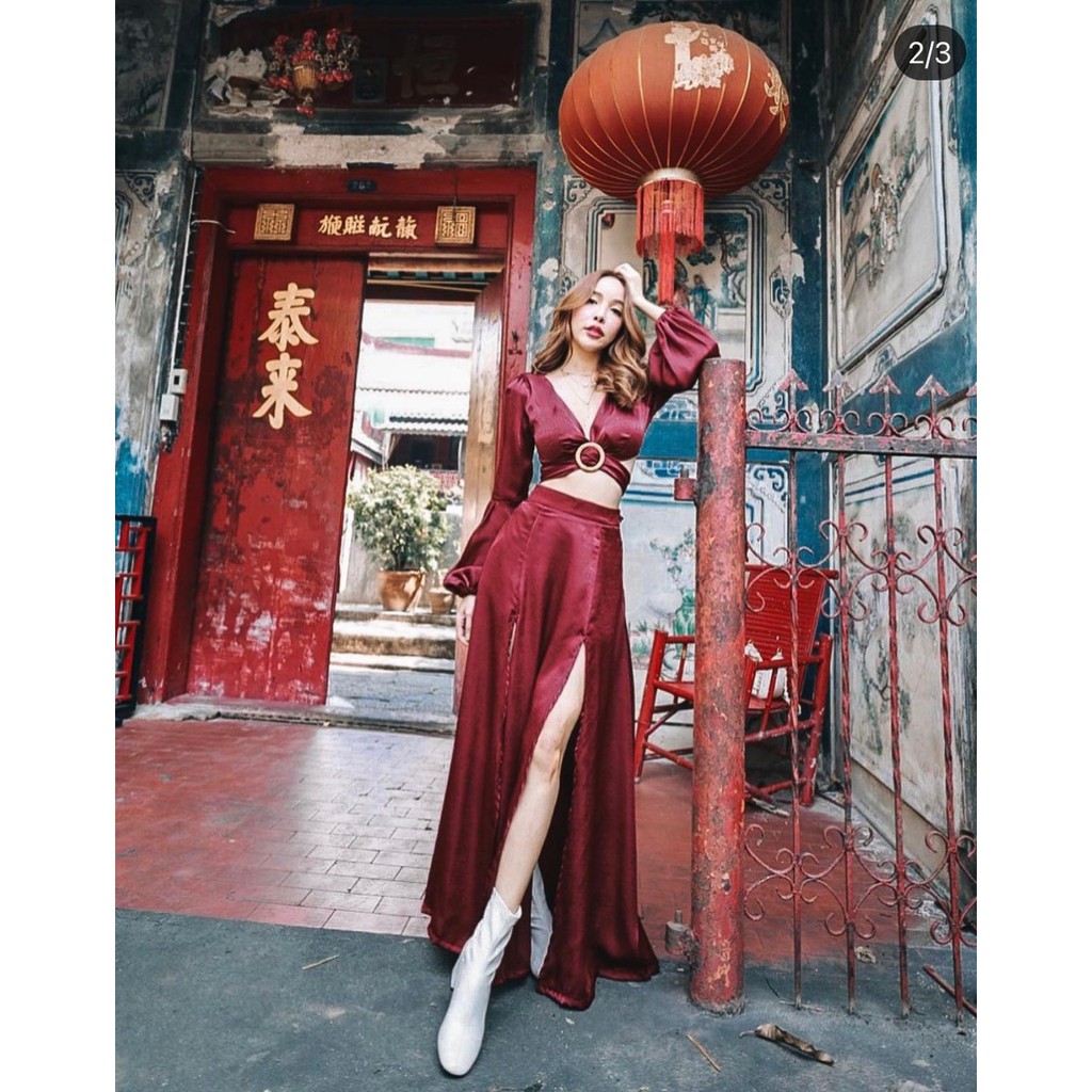 [MAXI] Sét Maxi đi biển váy maxi đỏ khoen xẻ
