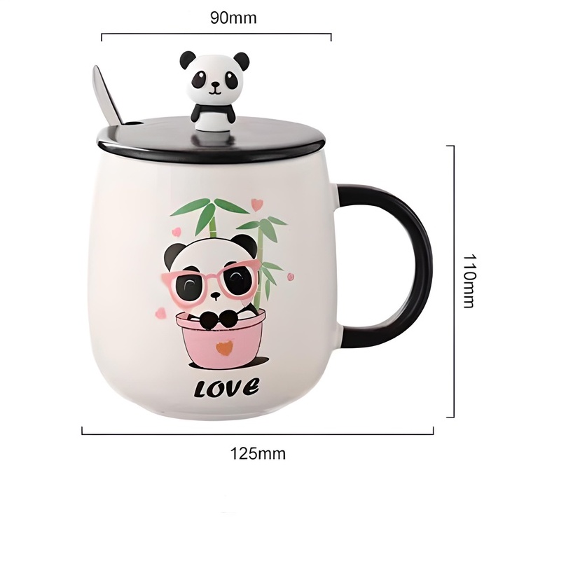 Cốc uống cà phê, Ly sứ có nắp, Quà lưu niệm, cute kèm muỗng và nắp hình gấu panda đáng yêu 450ml