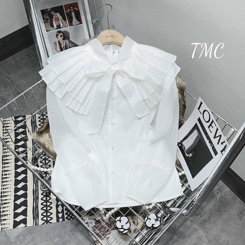 áo sơ mi voan phối dập ly cổ cột nơ công chúa (kèm video shop có size)