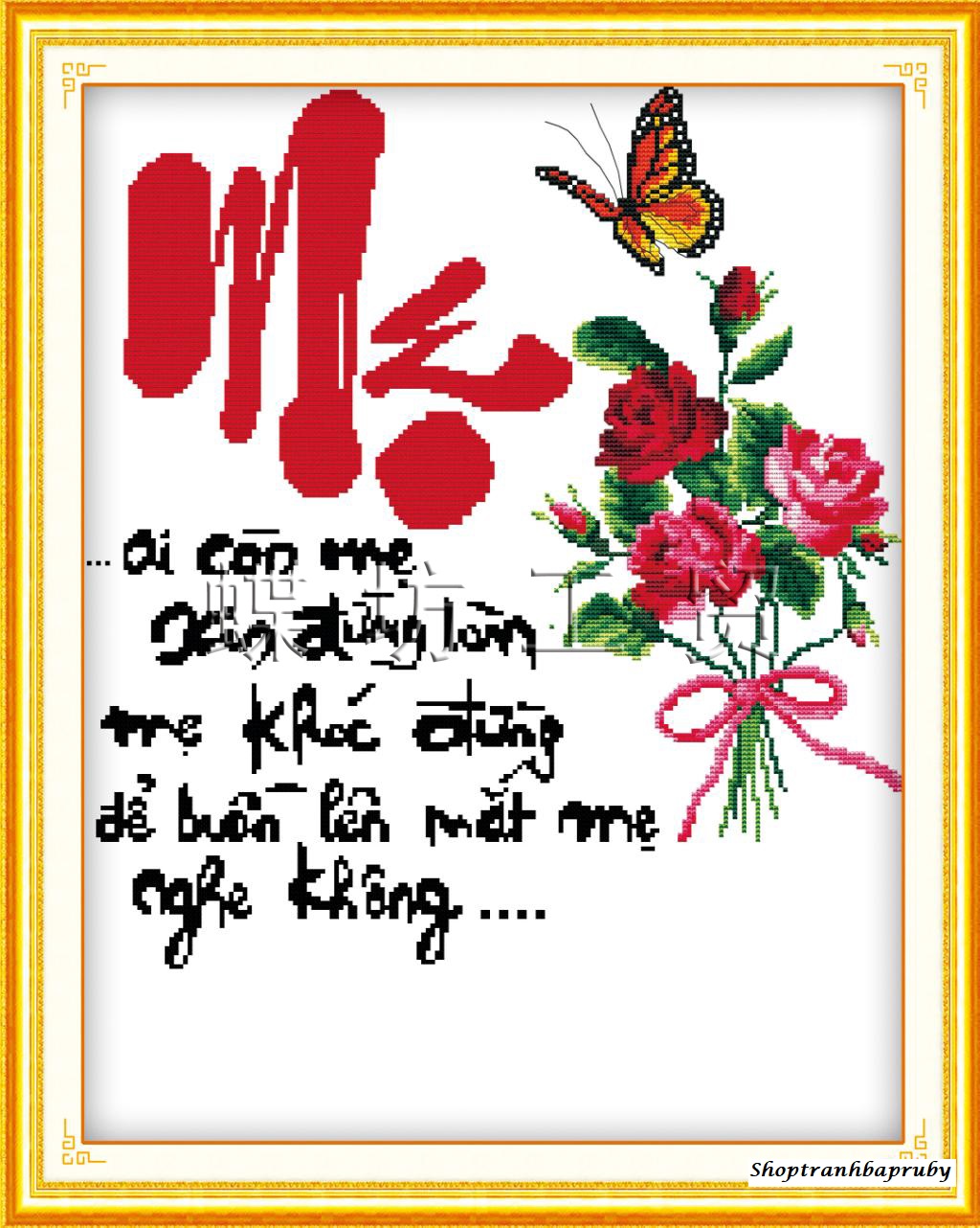 [HCM]Tranh thêu Chữ Mẹ hoa mẫu đơn 222146 kích  thước 48 x 51 cm