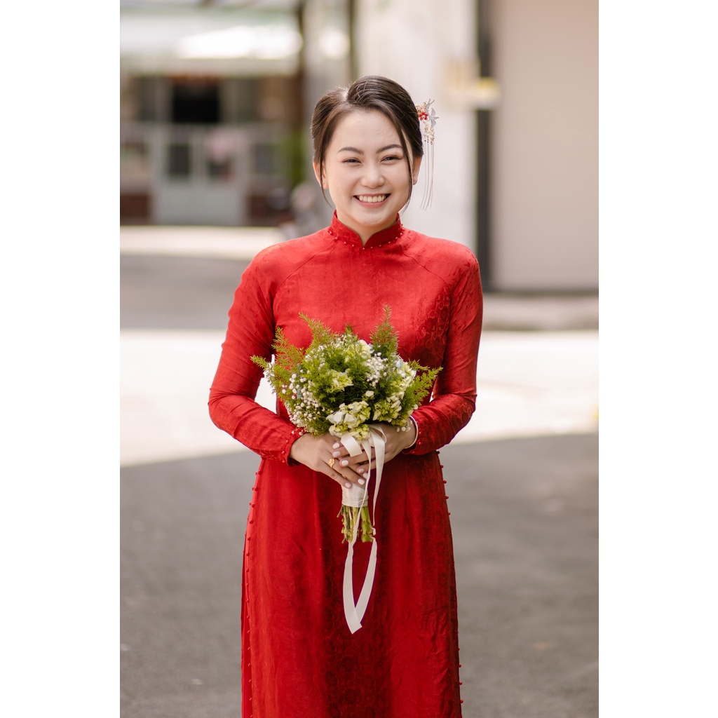 Áo dài cưới [Cam House] chất liệu gấm, đính ngọc trai đỏ