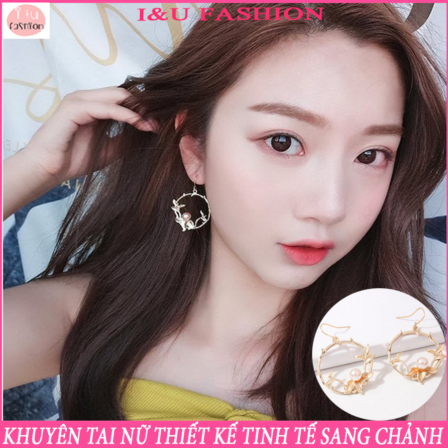 Khuyên tai Bông tai tròn được thiết kế tinh tế hoa lá độc đáo kim loại màu Vàng bắt mắt kèm hạt ngọc trai siêu xinh cho nữ KT-41
