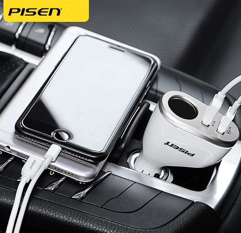 Sạc xe hơi Pisen – 1 cổng 12V + 2 cổng USB