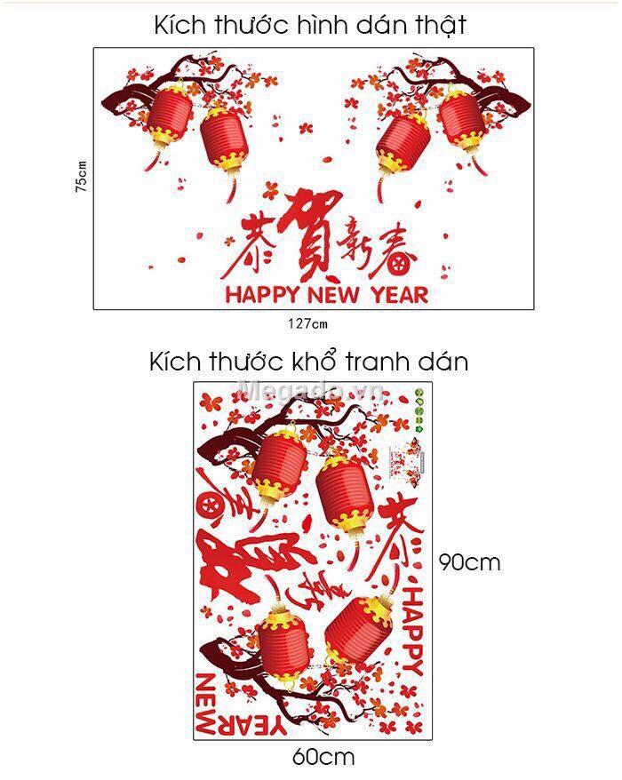 decal dán tường mẫu cành đào lồng đèn 2 bên