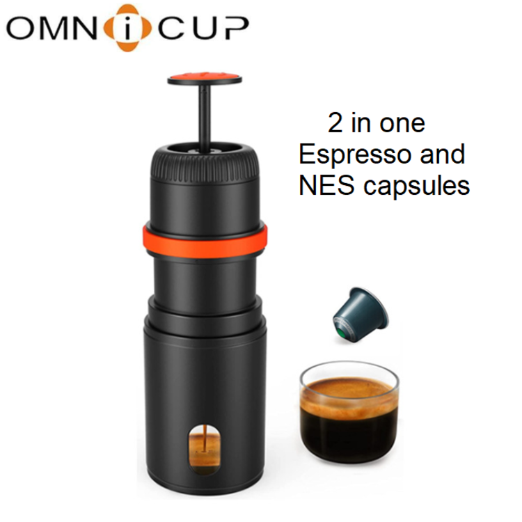 Máy pha cà phê thương hiệu Omnicup Espresso cầm tay 2 trong 1 EF-2-8, dung tích cà phê 16g, áp suất: 15 bars