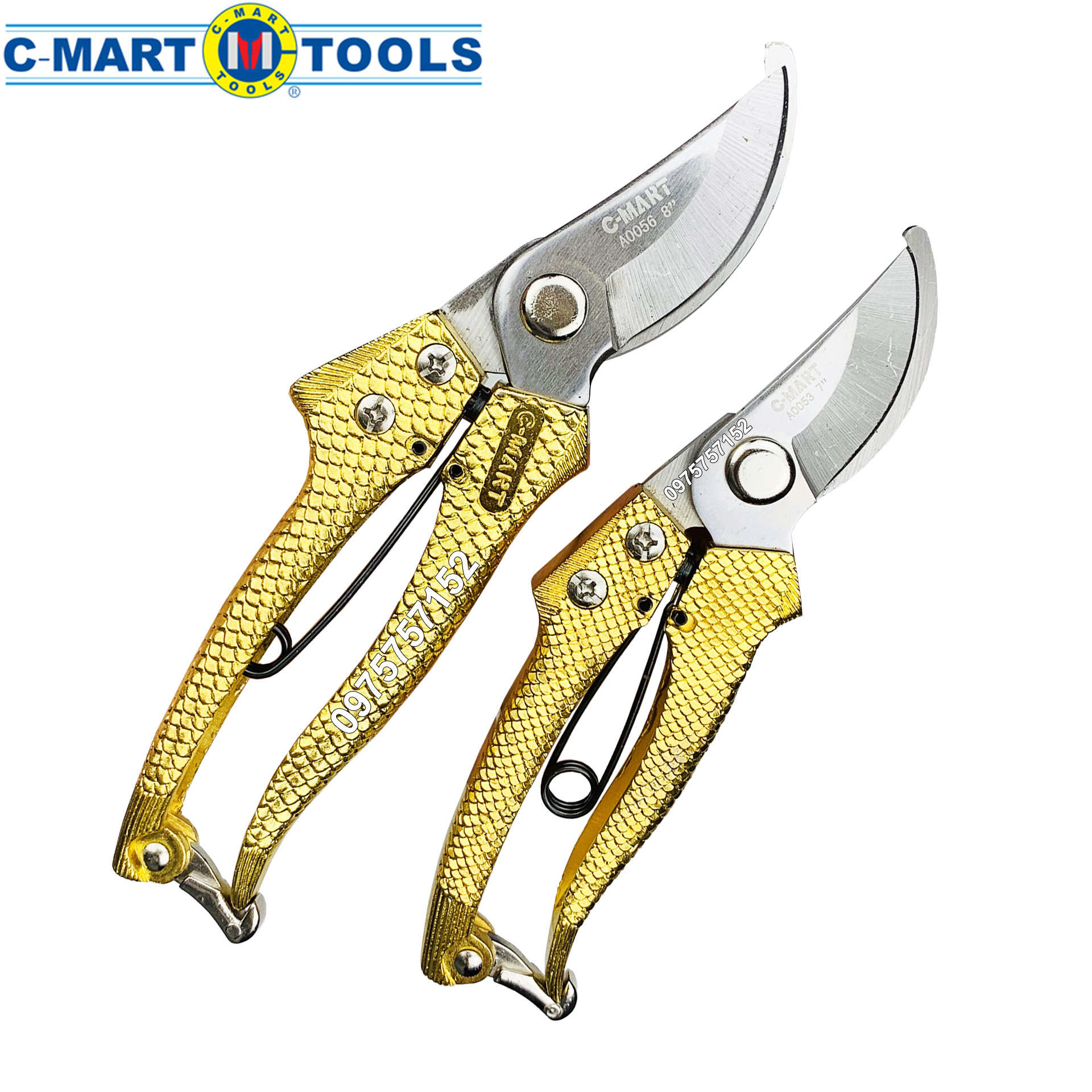 Bộ 2 kéo cắt cành lưỡi thép không gỉ C-Mart, cán hợp kim Carbon cứng vẩy rồng vàng