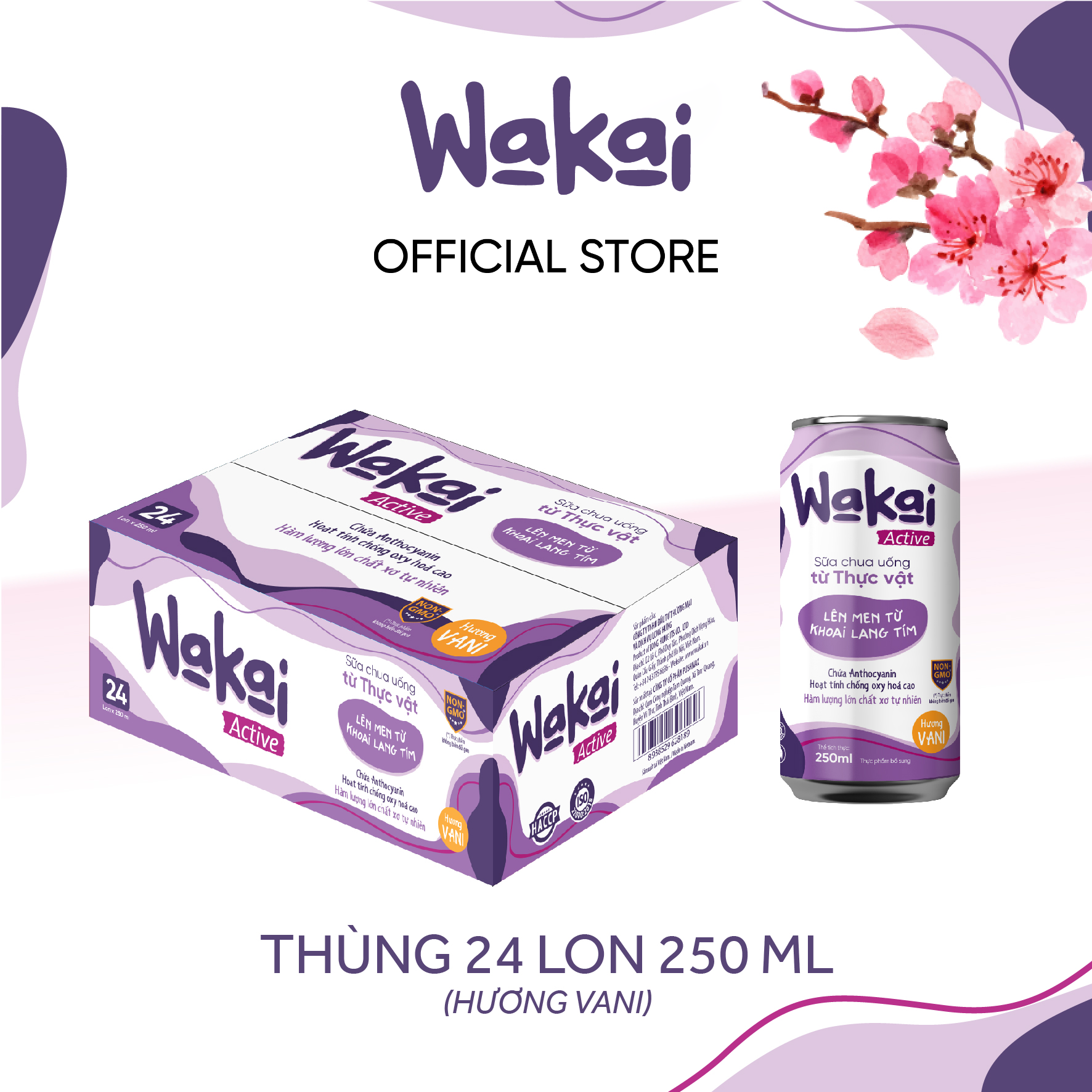 Thùng 24 Lon Sữa Chua Uống Từ Thực Vật Wakai Active (250ml x 24 lon)