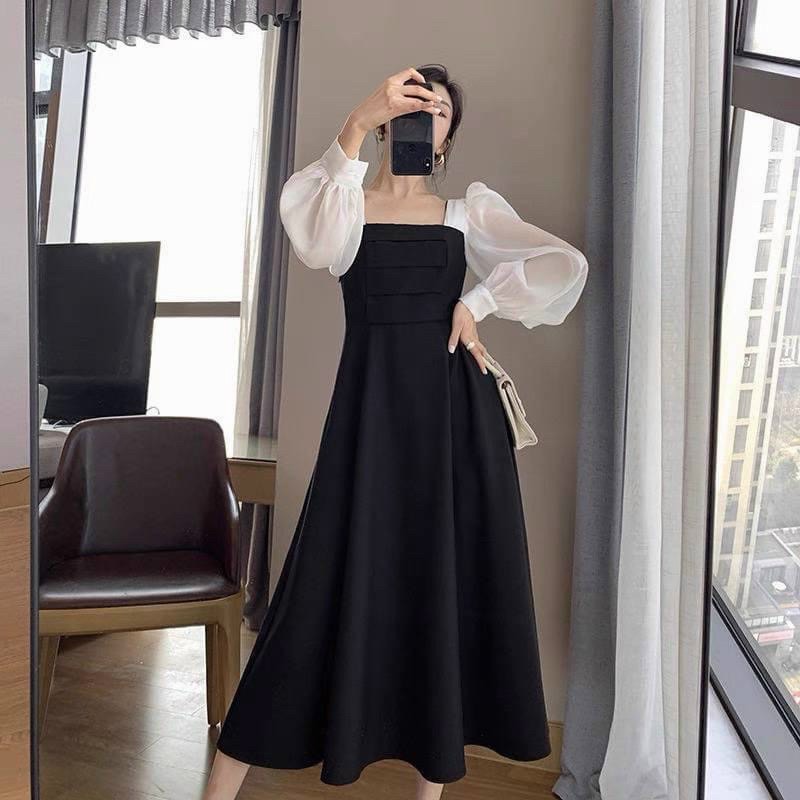 Đầm đen phối trắng tay dài