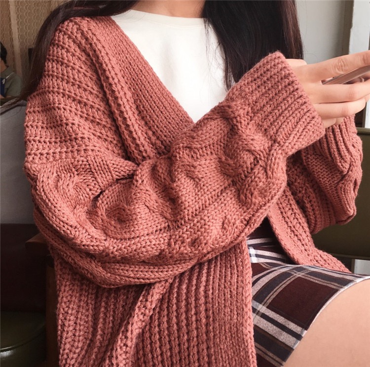 MS335 Áo khoác len cardigan dệt kim sợi to tay vặn thừng
