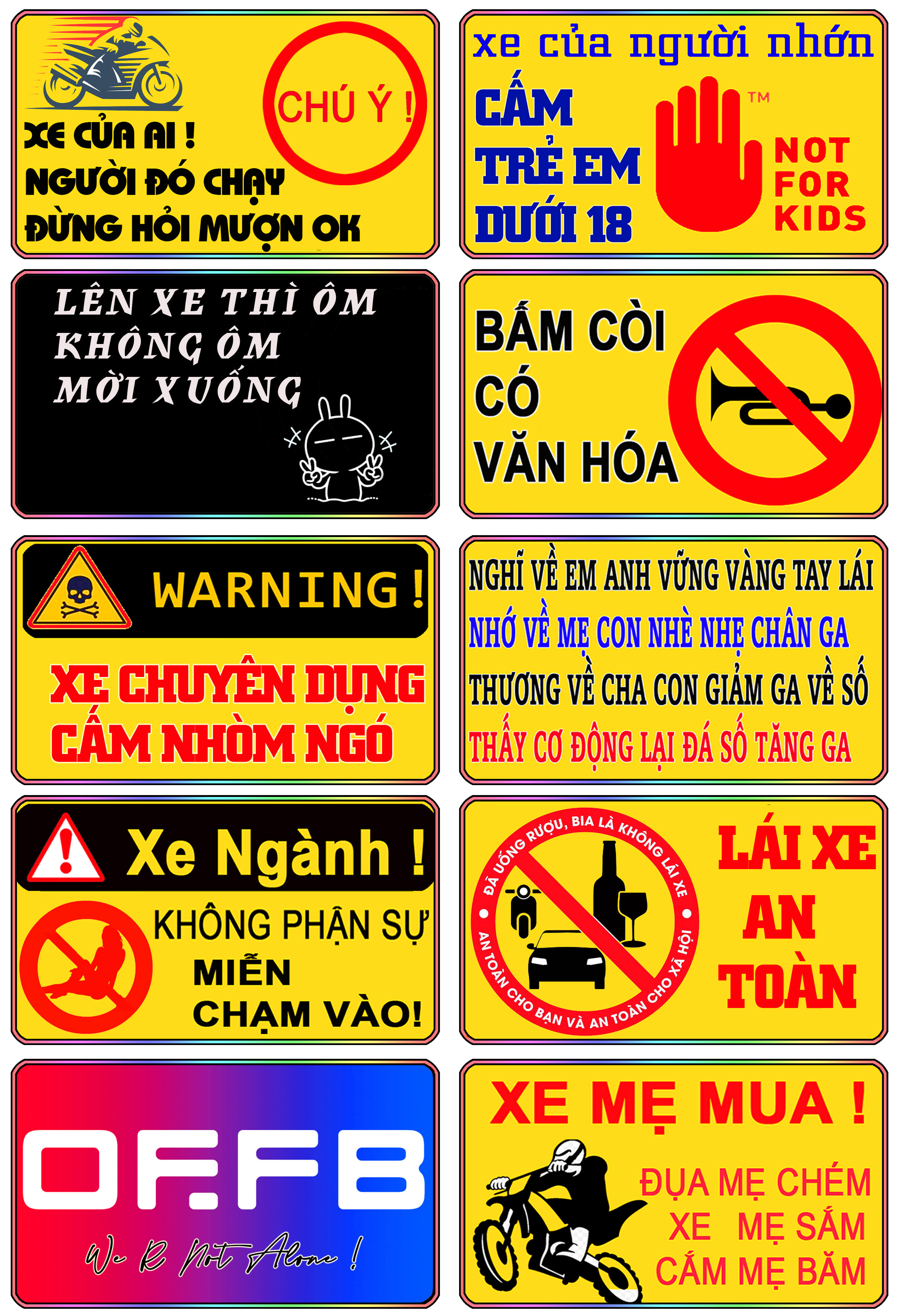 BỘ TEM CẢNH BÁO 20 TEM HÀI HƯỚC DÁN XE MÁY CHỐNG NƯỚC CẮT SẴN