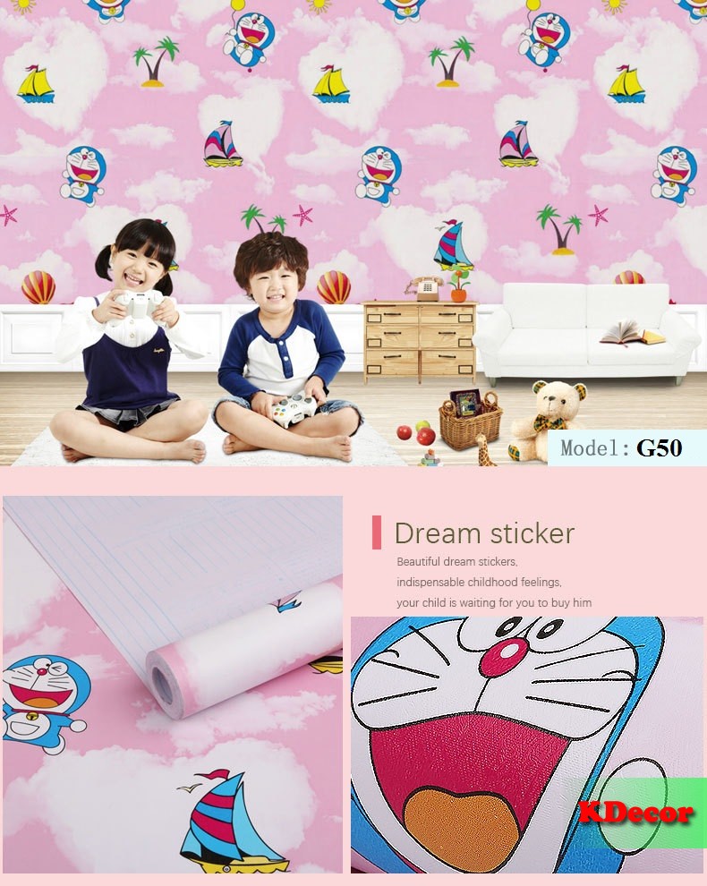 10m Giấy dán tường Doremon bầu trời hồng có sẵn keo khổ 45cm