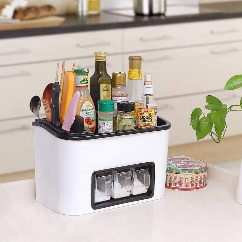 Khay Nhà Bếp Kệ Đựng Gia Vị Và Đồ Dùng Bếp Thông Minh (Kèm 3 Ly Nhựa)- Chất Liệu Nhựa Cao Cấp, An Toàn