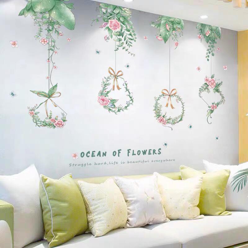 DECAL DÁN TƯỜNG LÁ GIỎ TREO HOA