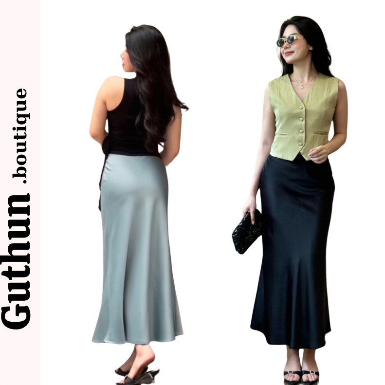 chân váy lụa cạp trễ dáng dài chất vải lụa vân gỗ sang trọng