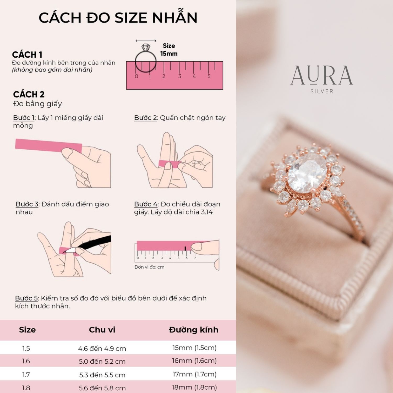 Nhẫn bạc nữ 925 nhẫn Pink Stone-Aura Silver-N44