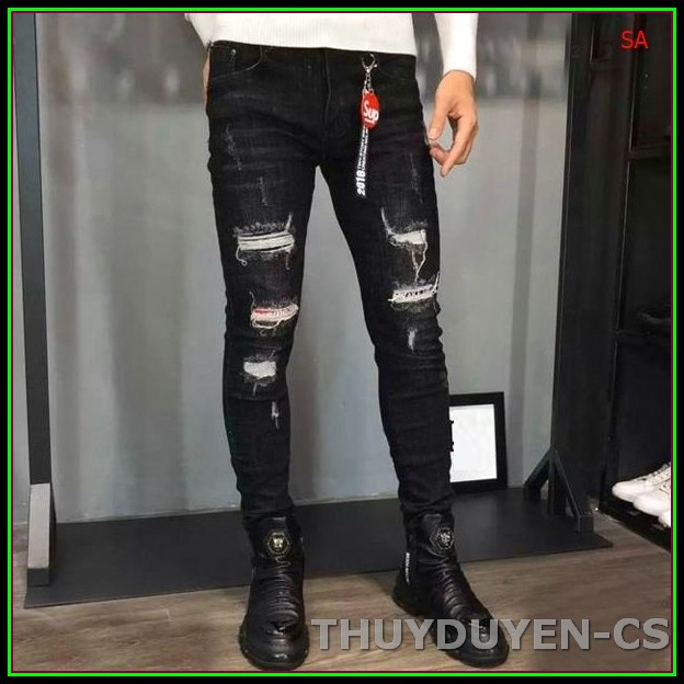 Quần jean nam cao cấp rách kiểu 3-2 SUPPERME ĐEN  không xù lông, không ra màu, chất giãn tốt SX166
