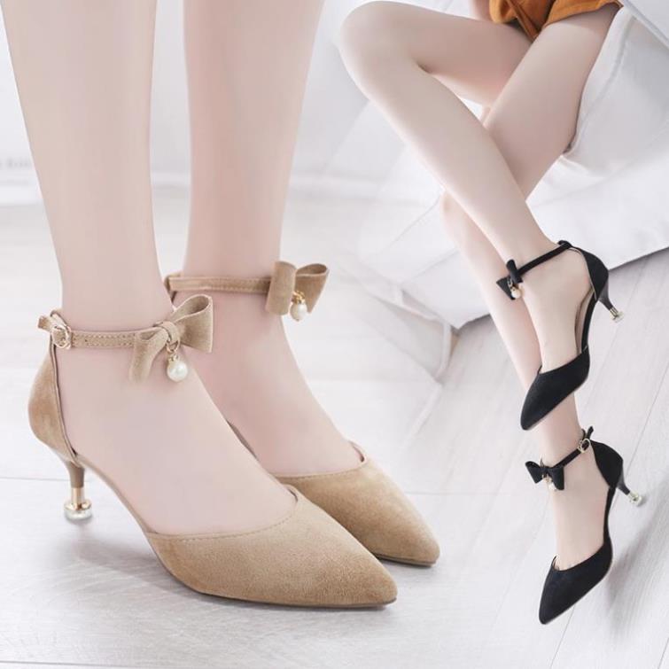 Giày cao gót nhọn 7p bít mũi da nhung nơ 1 hạt siêu cute BM44