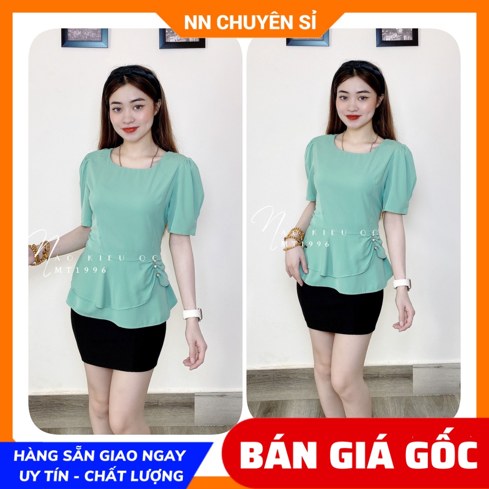 Áo kiểu công sở cho nữ dáng peplum cổ tròn phối cườm  - chất vải kate lụa mềm mịn cao cấp 🛑 Áo công sở nữ 🛑 Áo kiểu chất đẹp ❤ Áo tay ngắn phồng 🛑 Áo cổ V ❤ Áo kiểu cao cấp  MT1996