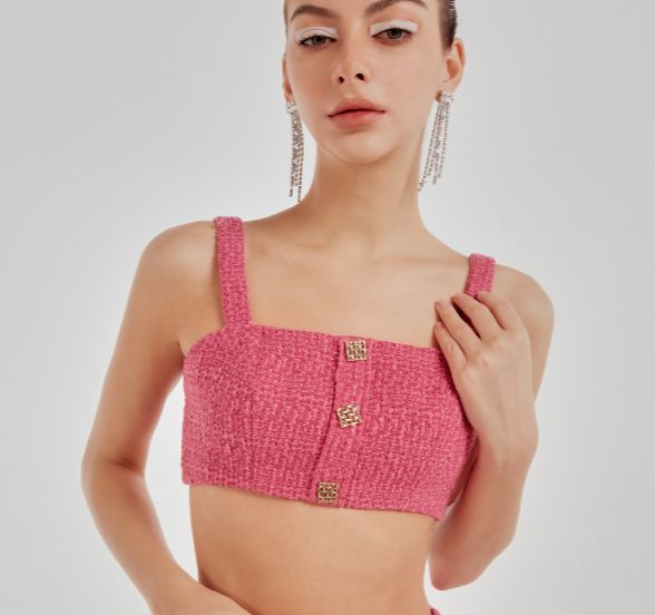 COCO SIN - Áo 2 Dây Croptop Tweed Hồng Đính Nút