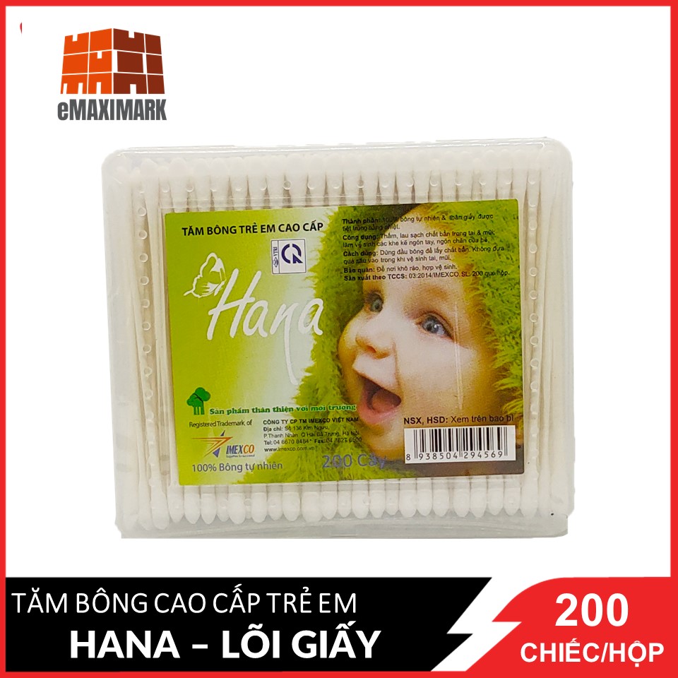 [HCM ship 2h] Tăm Bông Hana Trẻ Em (Lõi Giấy) Hộp Chữ Nhật 200 Cái