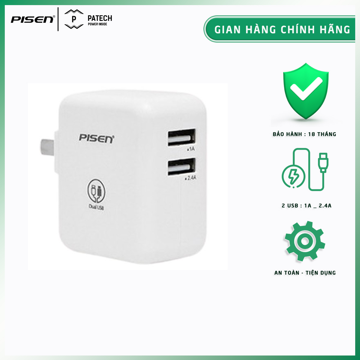 [20H 6/7 - 9.7 Nhập 77LAZSOCIAL80K Voucher giảm 12% đơn từ 250K tối đa 80K]Sạc Pisen Dual Port 2.4A 17W - FAST CHARGERR