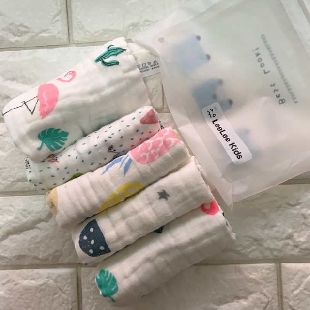 Set 5 khăn sữa 6 lớp sợi tre size lớn cho bé loại xịn Túi zip