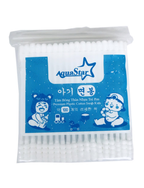 [HCM]Tăm Bông Kháng Khuẩn Cao Cấp Trẻ Em Bịch 100 Que Nhựa 2 Đầu Tròn Xoắn Aquastar- Công Nghệ Korea