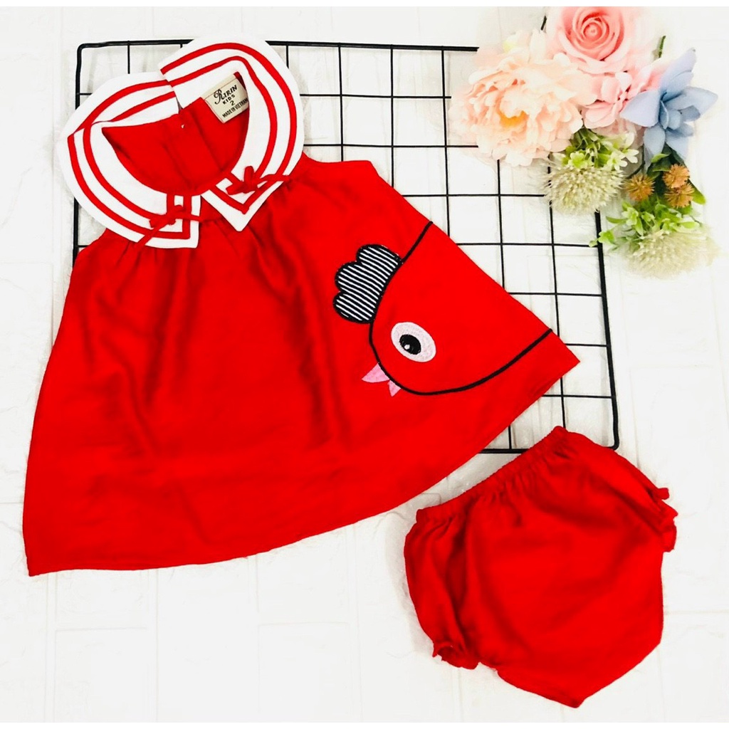 Đầm xoè cổ tròn đính nơ cho bé gái