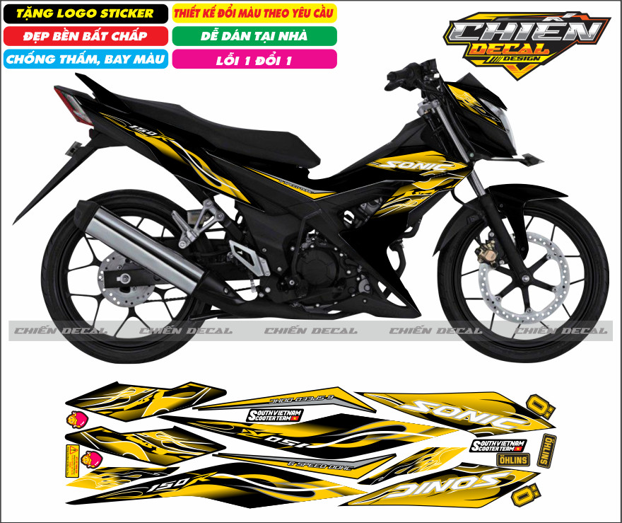 Tem rời xe sonic 150 màu đen mẫu tem lửa nhiều kiểu lựa chọn (tem 3 lớp cao cấp)