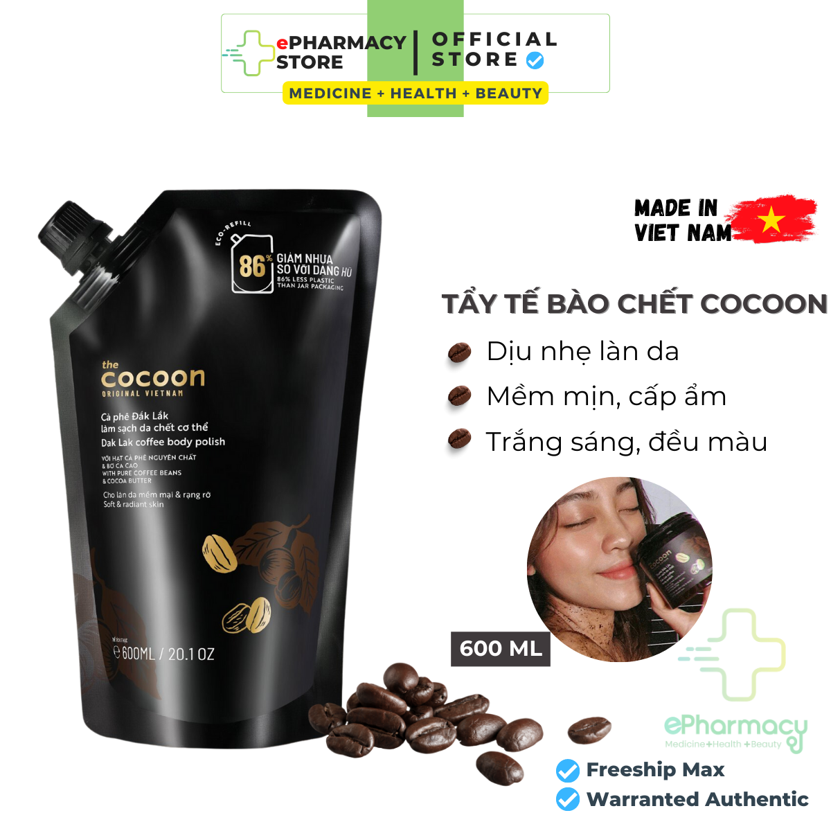 COCOON Tẩy Tế Bào Chết Body Cafe Đắk Lắk Túi Refill Body Scrub làm sạch da chết cơ thể 600ml