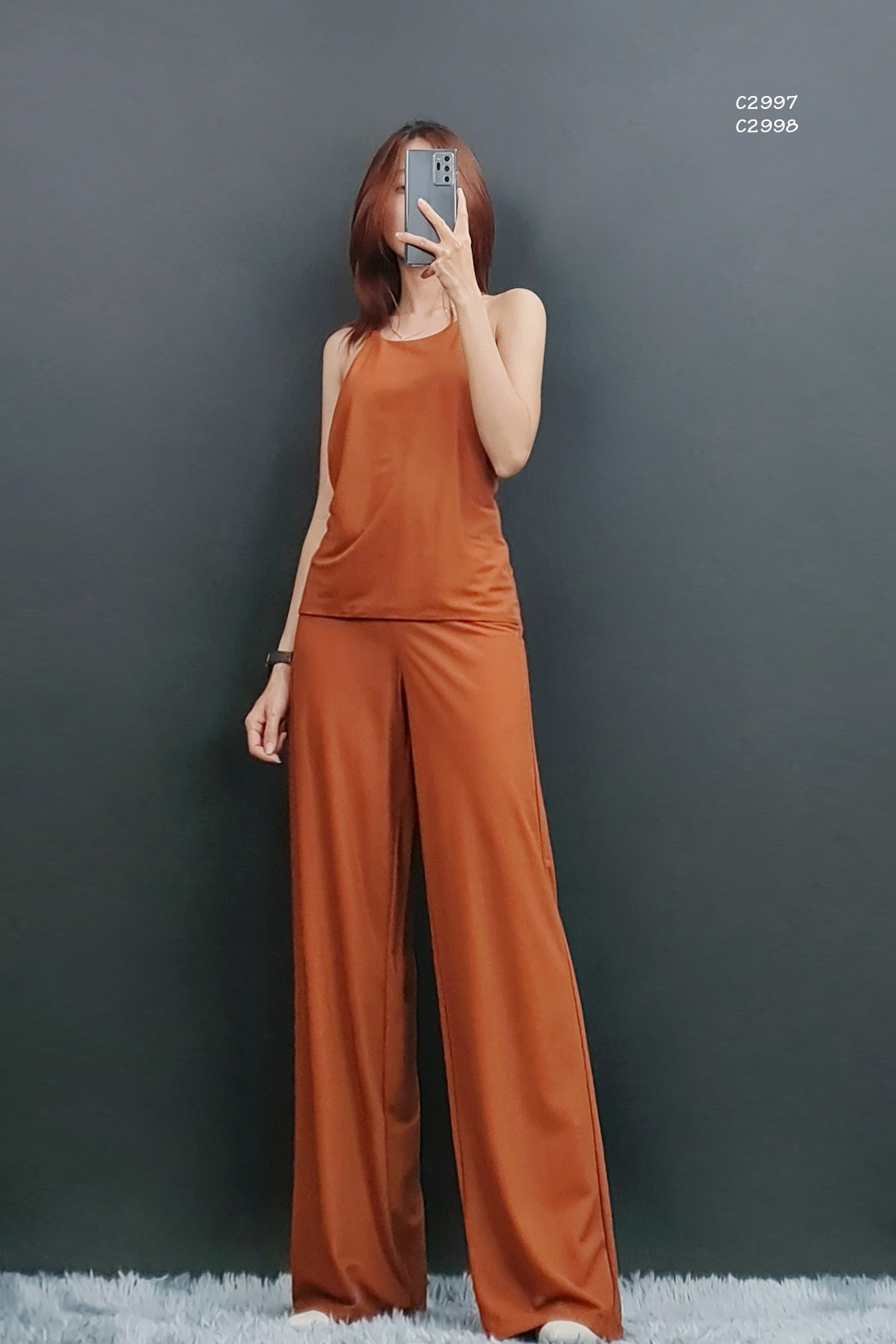 C2297 & c2298 - 	áo cổ yếm 2 dây m.n.g đan chéo lưng trơn & quần ống đứng m.n.g trơn