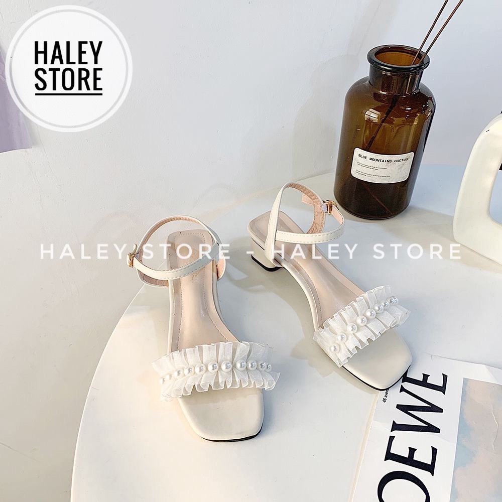 Giày sandal nữ HALEY STORE gót vuông cao 6cm dễ đi quai ngang đính ren ngọc đi chơi đi tiệc đi cưới cô dâu đi du lịch sang chảnh tiểu thư hottrend