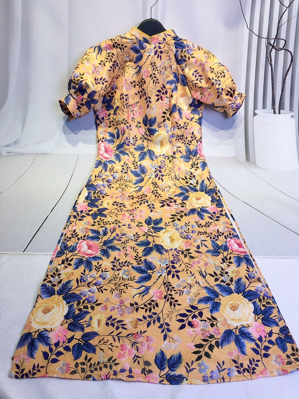 (Single Size Available) Modernized Yellow Brocade Ao Dai with Stylized Puffy Sleeves