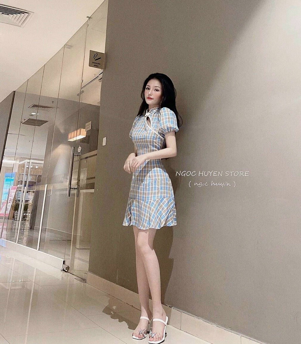 Đầm caro cổ tàu-QH#damnu