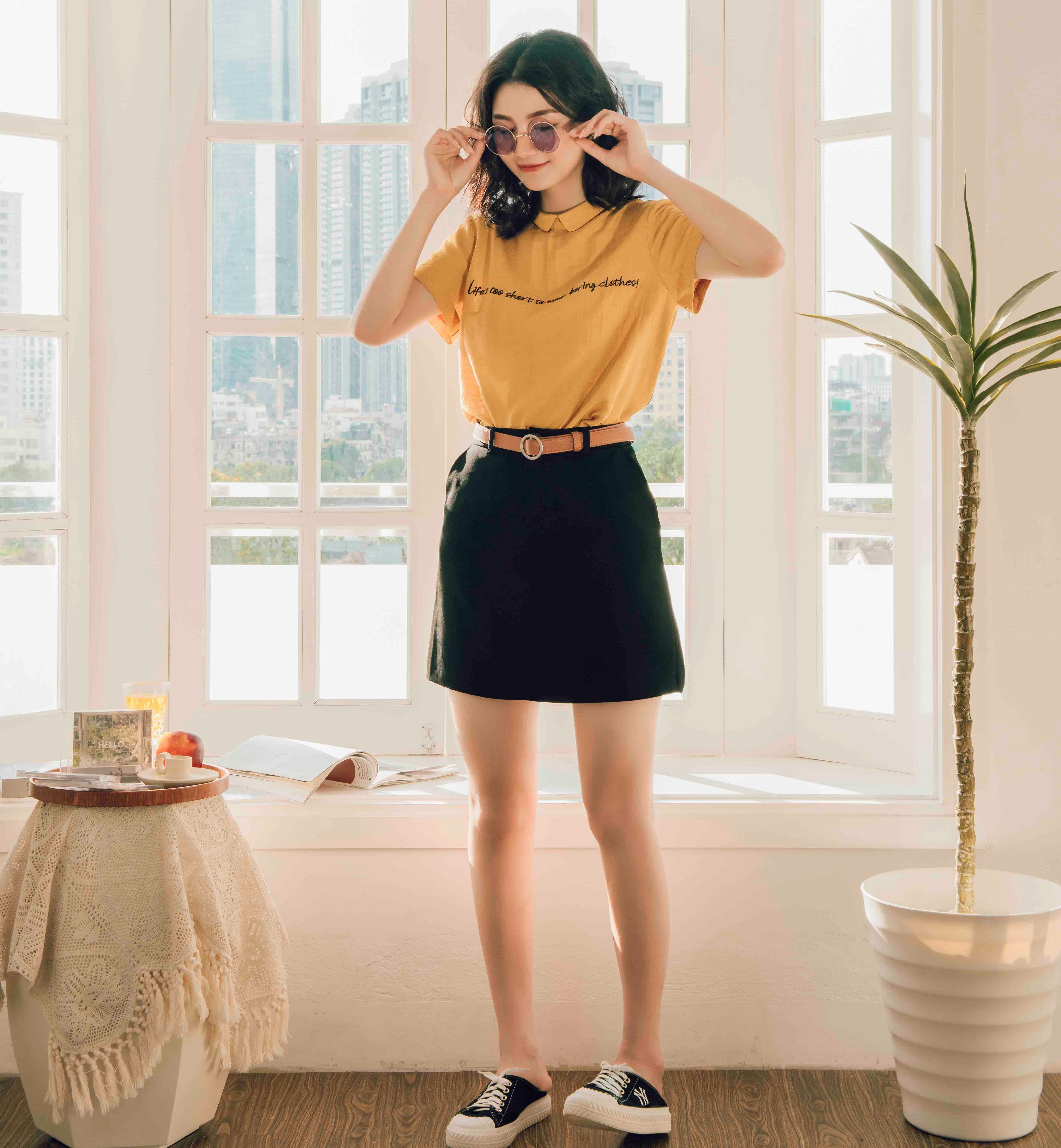 Áo sơ mi màu vàng cổ peter pan blouse burny a3004312