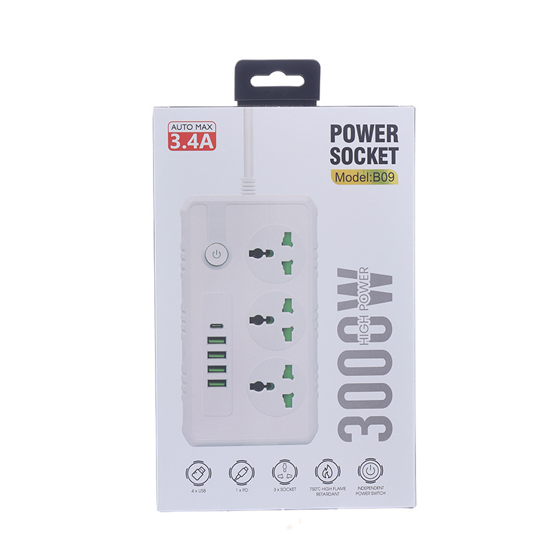 Ổ cắm điện đa năng thông minh chống giật chịu tải 3000W - B09, 4 Cổng Sạc USB, 3 phích cắm, sạc siêu nhanh, Có công tắc chống cháy nổ tự gắt khi có sự cố, An toàn cho trẻ nhỏ