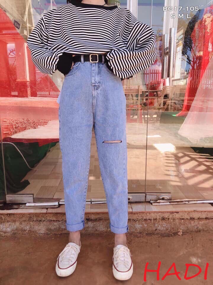 [HCM]QUẦN BAGGY JEAN NỮ CAO CẤP NITI LƯNG CAO MÀU XANH RÁCH GỐI TRÁI CỰC HOT HIT